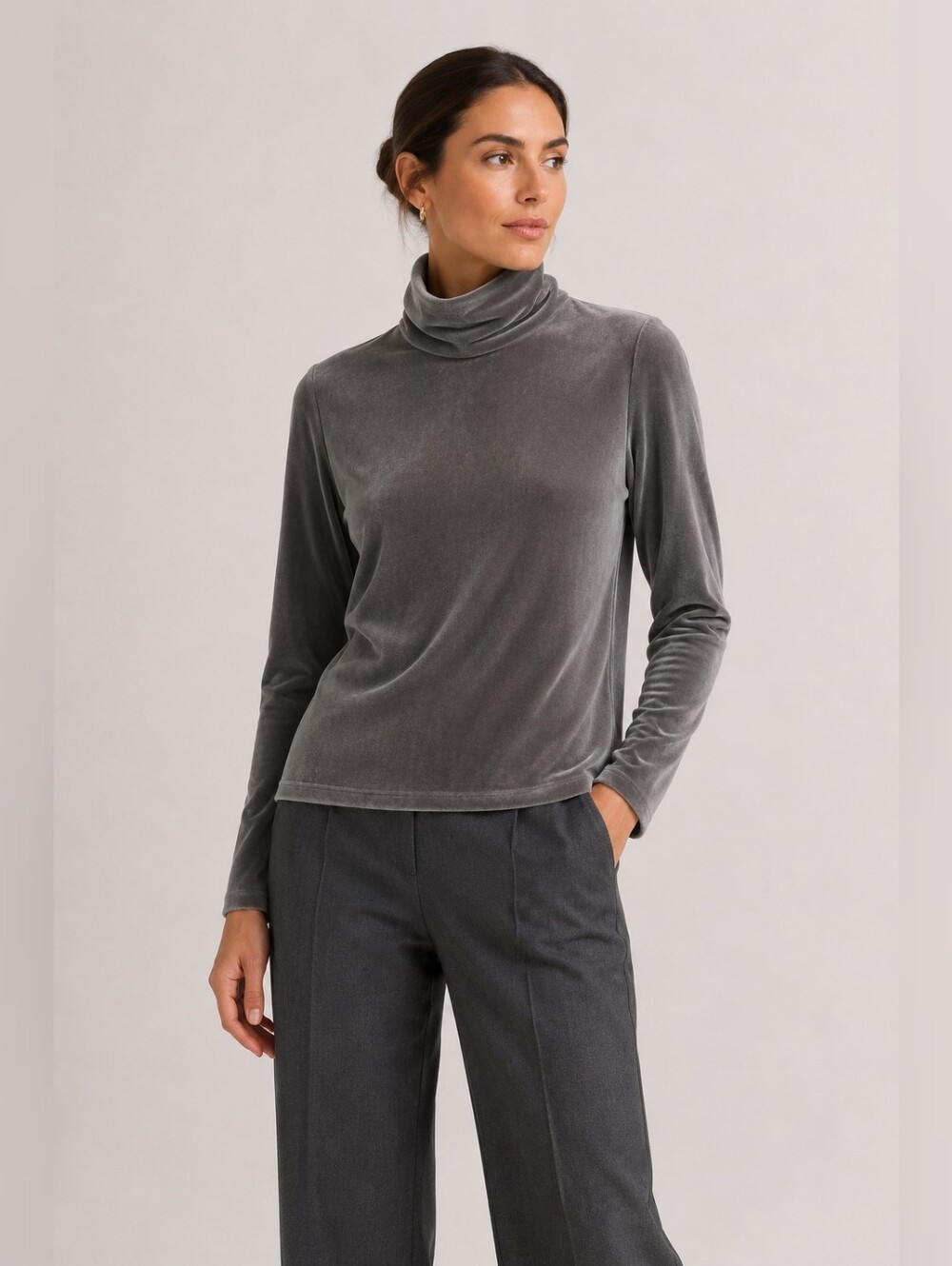 Aryeh Gray Velour Turtleneck Top Long Sleeve